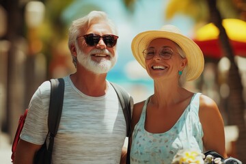 Obraz premium Man and woman are smiling and posing for a picture on a beach. The man is wearing a hat and sunglasses, while the woman is wearing a blue dress. They both have backpacks and handbags with them
