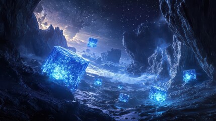 Fototapeta premium A futuristic 3D space with glowing neon cubes floating in an abstract digital landscape, with stars in the distance and a sense of depth and movement.