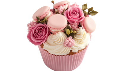 Beautifully decorated cupcake with roses and macarons in pink shades presented on a white background