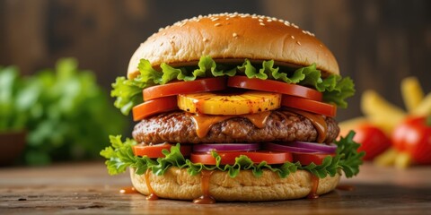 Delicious Gourmet Burger with Fresh Lettuce, Juicy Tomatoes, and Grilled Pineapple on a Wooden Table