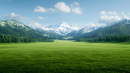 Obraz premium Scenic Alpine Meadow, Sunlit Peaks, Green Field