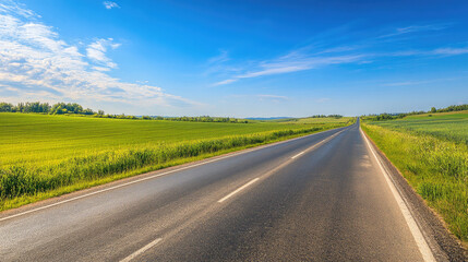 Fototapeta premium Wide road into distance, flanked by green fields and blue sky. High-definition, horizontal composition. Serene beauty.