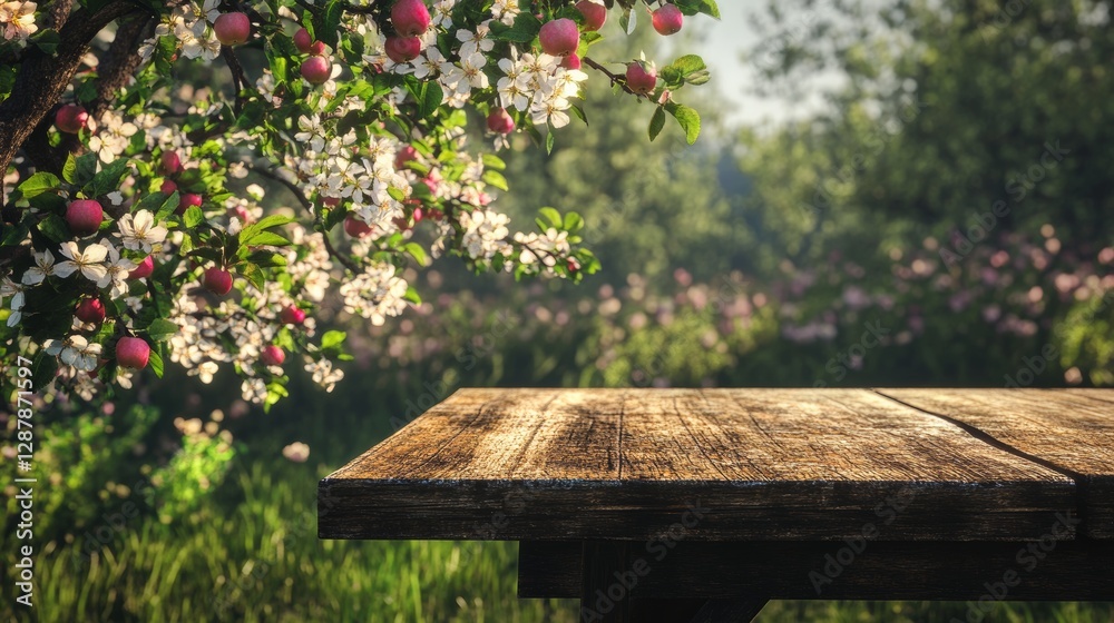 Poster rustic wooden table in sunny orchard with blossoming apple tree and ripe red apples. nature and tran