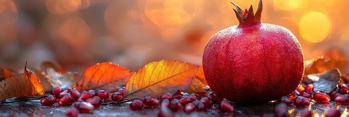 Ripe Pomegranate with Autumn Leaves at Sunset