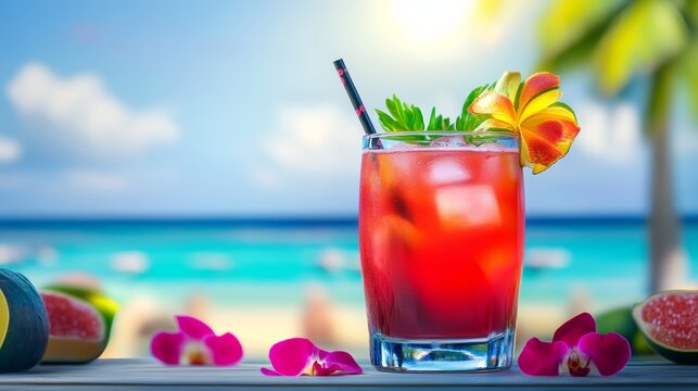 Glass of red drink with a straw and a flower on top. The drink is on a table next to a beach