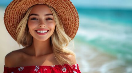 Woman with blonde hair and a red hat is smiling at the camera on a beach. Concept of happiness and...