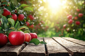 Ripe Red Apples on Rustic Wooden Table in Orchard