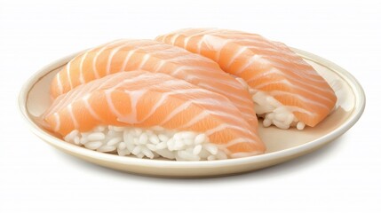 Salmon sushi pieces on plate, studio shot, food photography, white background