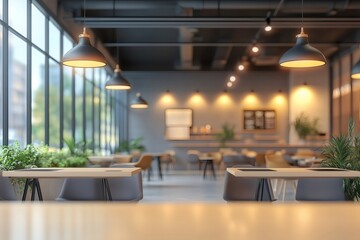 Stylish lamps illuminating empty tables and chairs, presenting minimalist cafe interior with clean lines and warm, inviting ambiance
