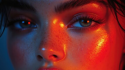 Naklejka premium Close-Up Portrait of a Woman with Radiant Skin and Stunning Eyes