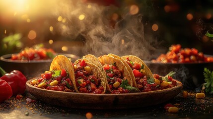 Steaming Hot Tacos with Corn and Salsa on Rustic Wooden Plate