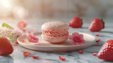 Macaron with pink cream and strawberry flower petals on a marble plate. Strawberry and rose macarons. Pink macarons. Cookies with strawberry. French delicate dessert. Valentine's Day. Mother's Day