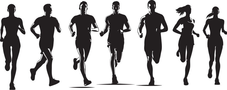 Silhouette Sport Runner Front View Collection - Vector Illustration of Running People