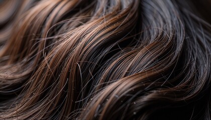 Naklejka premium Close-up of wavy brown hair with natural shine and texture.