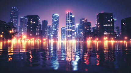 Fototapeta premium Flooded city skyline at night, reflected in water.