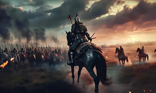 A knight on horseback surveys a battlefield as soldiers prepare for combat under a dramatic sky.