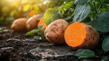 Freshly Harvested Sweet Potatoes in a Lush Garden Setting at Sunset