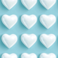 Fototapeta premium Seamless pattern many white heart-shaped candies aligned on a solid pale blue surface