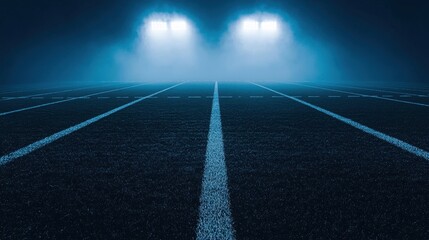 Foggy Football Field with Bright Lights Illuminating the Ground