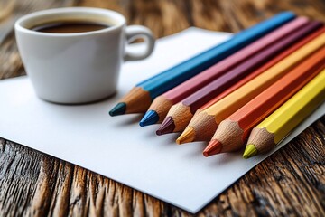 Obraz premium A photo of a cup of coffee standing on the table in order with scattered colored pencils, against the background of a notebook with creative notes or drawings.