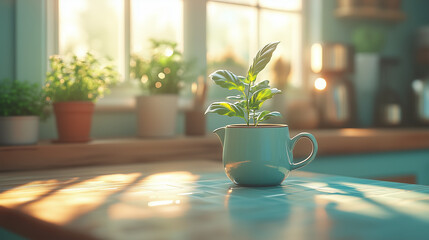 Cup with plant in kitchen interior