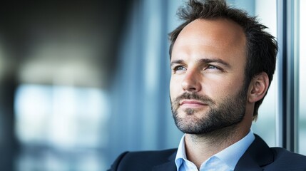 Fototapeta premium Contemplative Corporate Executive Gazing Through High-rise Office Window