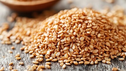 Obraz premium Close-up of a Pile of Roasted Sesame Seeds on a Rustic Wooden Surface