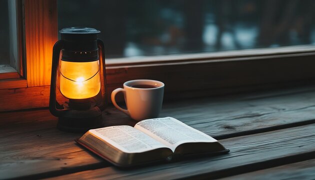 A cozy scene with a lantern, coffee cup, and open book by the window.