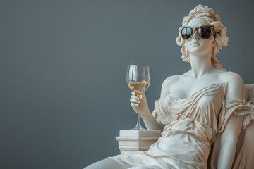 Arrogant portrait of a sculpture of Aphrodite in fashionable sunglasses with wine glass in hand on a gray background 