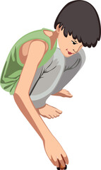 Obraz premium Illustration of a boy crouching and playing with a small toy car.