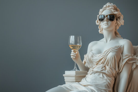 Arrogant portrait of a sculpture of Aphrodite in fashionable sunglasses with wine glass in hand on a gray background 
