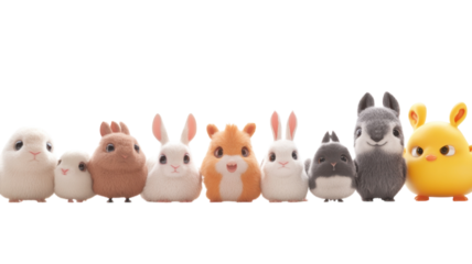 Cute collection of plush animals lined up in a colorful display setting with various adorable features