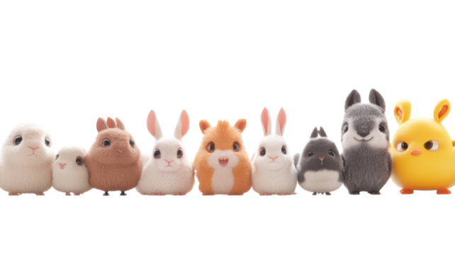 Cute collection of plush animals lined up in a colorful display setting with various adorable features