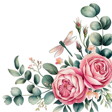Elegant Watercolor Spring Flowers, Floral Botanical Illustration &ndash; Tulips, Daisies, reses and Greenery, Isolated on white backgrond