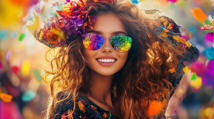 Obraz premium Woman with a flowery headdress and sunglasses is smiling. The image has a colorful and vibrant mood, with the flowers and the woman's outfit adding to the overall cheerful atmosphere