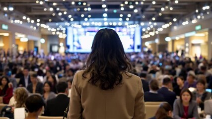 Back view of a female speaker giving a speech in front of people at convention center
