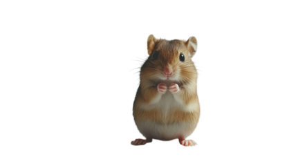 Cute small hamster standing upright with paws together against a white background in a playful pose