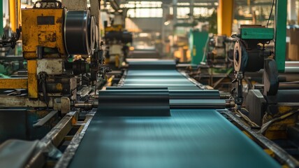 Fototapeta premium Efficient factory production line with machines pressing products for high-quality manufacturing.