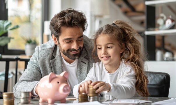 A man and a little girl are sitting at a table with a pink piggy bank
