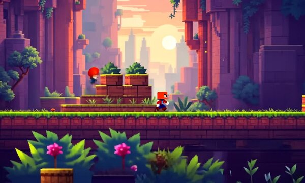 Pixel art adventure two characters journey through canyon towards city