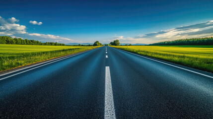 Naklejka premium Wide road into distance, flanked by green fields and blue sky. High-definition, horizontal composition. Serene beauty.