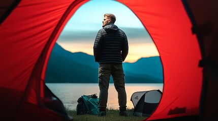 Man stands in front of a red tent, looking out over a lake. The scene is serene and peaceful, with the man taking in the beauty of nature