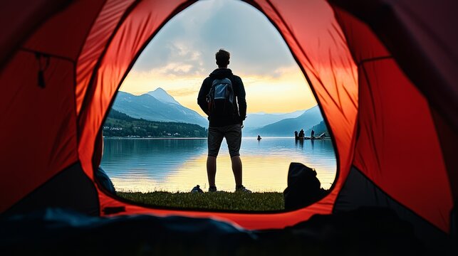 Man stands in front of a tent with a backpack on, looking out at a lake. The scene is serene and peaceful, with the man taking in the beauty of the natural surroundings