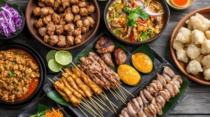 A vibrant Bangkok street food scene with colorful food stalls offering Pad Thai, satay skewers, and other Thai delicacies.