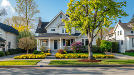 American House. Residential estate. Wooden building. Real estate white exterior. Family home. Street in Neighborhood