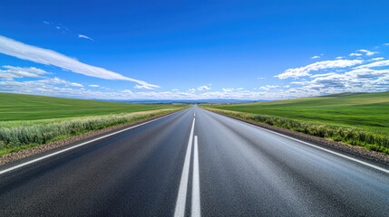Wide road into distance, flanked by green fields and blue sky. High-definition, horizontal composition. Serene beauty.