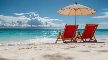 Two beach chairs are set up on the sand, with an umbrella providing shade. The chairs are red and the umbrella is yellow. The scene is peaceful and relaxing, with the ocean in the background