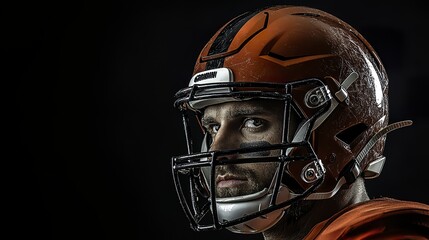 An American football player in a helmet, captured in a head - and - shoulders portrait with dramatic side lighting against a black background