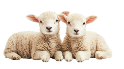 Two adorable lambs resting together on a bright background showcasing their fluffy coats and playful expressions