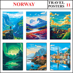 Norway The Fjords Norwegian Mountains Scandinavian mountains Oslo Travel Poster Wall Art Set 11